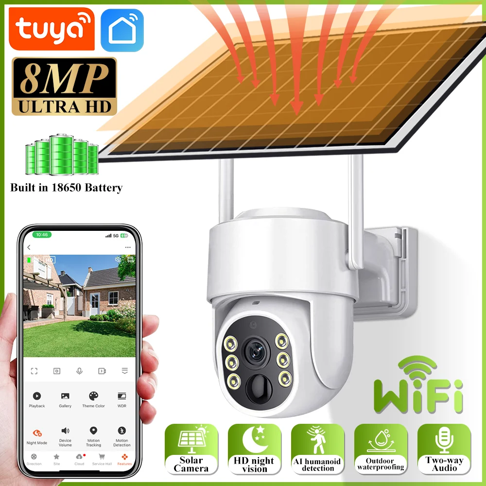 

Tuya Solar WiFi Camera PIR Auto Tracking Outdoor 8MP Dual Len Dual Screen PTZ Camera Wireless Low Power Battery Security Cam