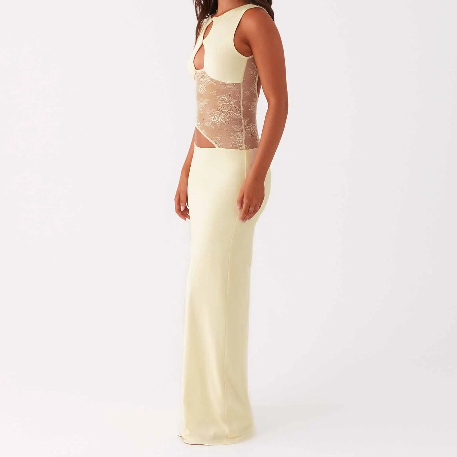 Combhasaki Women Elegant Floral Lace Sheer Patchwork Waist Cutout Hollowed Sleeveless Summer Casual Bodycon Straight Long Dress