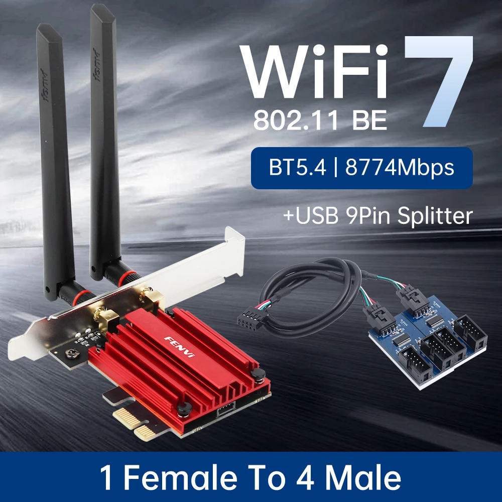 

FENVI WiFi 7 PCIE WiFi Adapter BT5.4 Tri-Band With 9 Pin USB2.0 Splitter Motherboard Interface Extension Cable For Win10/11