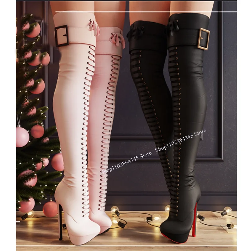 

Black Platform Over Knee High Boots Pointed Toe Thin High Heel Fashion Sexy 2024 Winter Big Size Woman Shoes Zapatillas Mujer