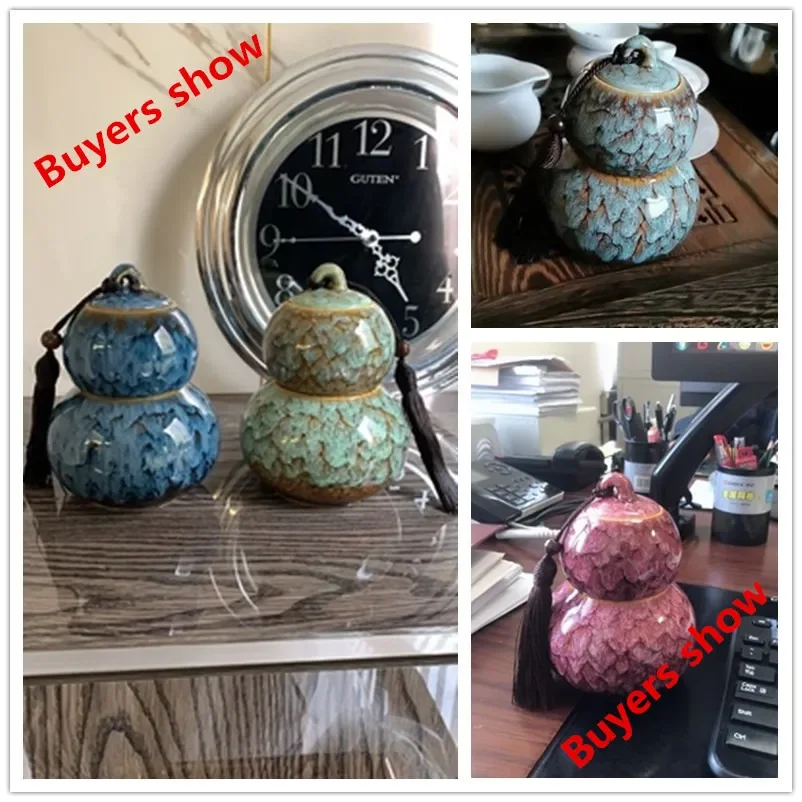 Chinese Style Ceramic Double Layer Gourd Tea Caddy Portable Sealed Cans Travel Storage Spice Boxes Candy