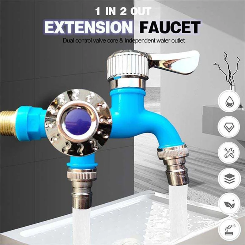 1/2Inch Universal Interface Faucet Double Outlet Dual Control Water Tap Home Bathroom Hose Irrigation Connector Blue