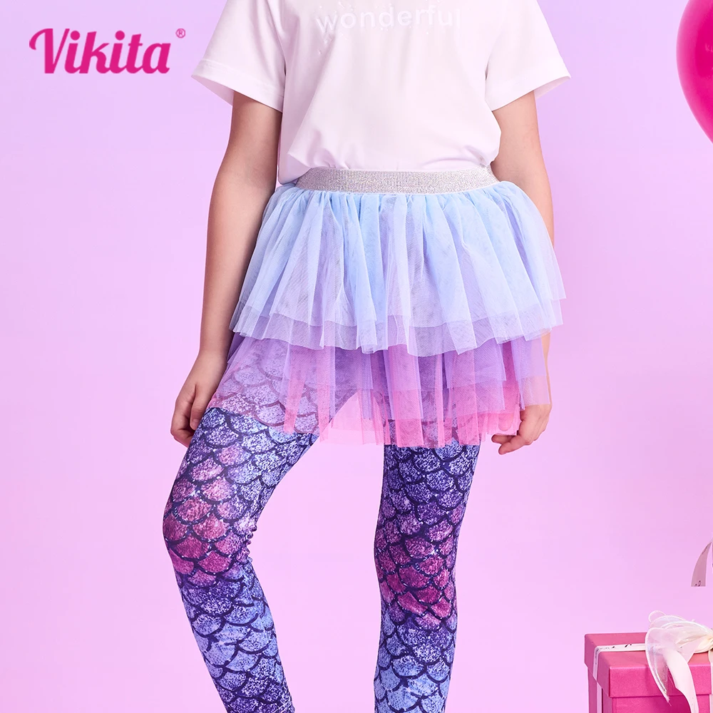 

VIKITA Kids Girls Mermaid Print Pants Girls Mesh Tutu Skirts Leggings Children Fake 2pcs Pantskirt Girls Trousers with Skirts