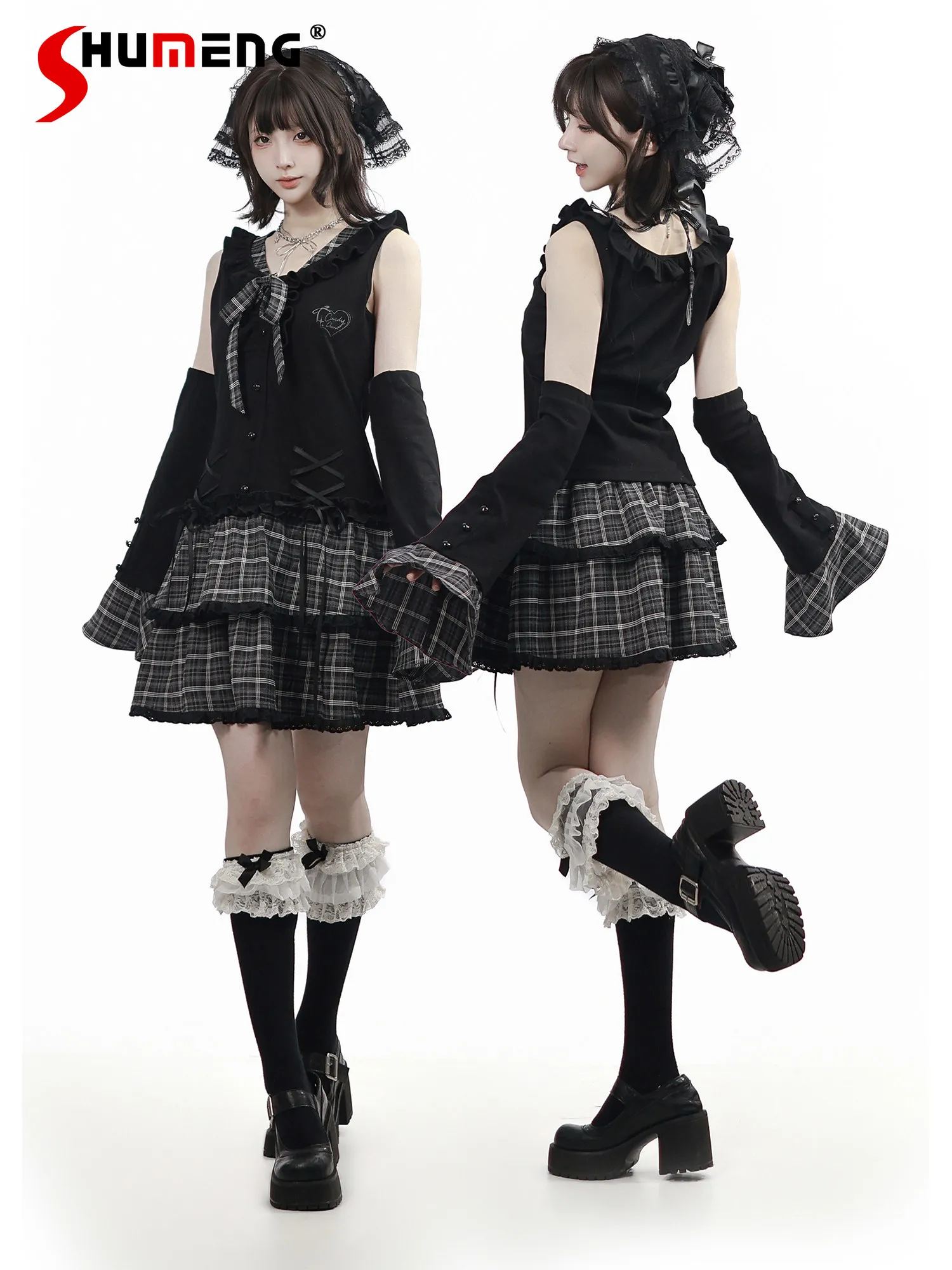 

Original Sweet Cool Girl's Y2k Plaid Skirt Set Spring and Summer New Clothing Sleeveless Dress Neck Top Skirt Leg Cover Outfit