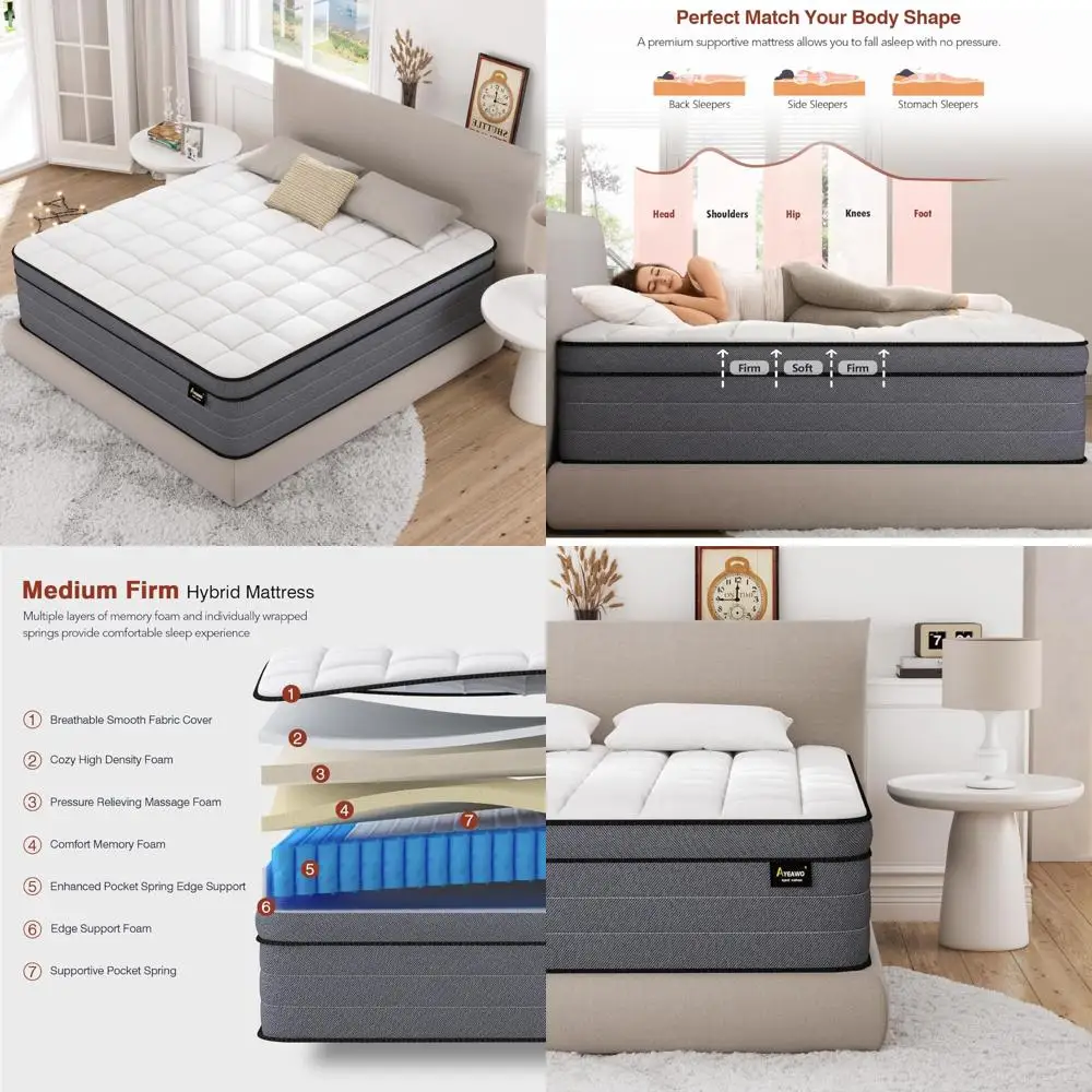 

Hybrid Full Mattress 12 Inches: Gel Memory Foam and Pocketed Spring Bed, Medium Firm for Pressure Relief