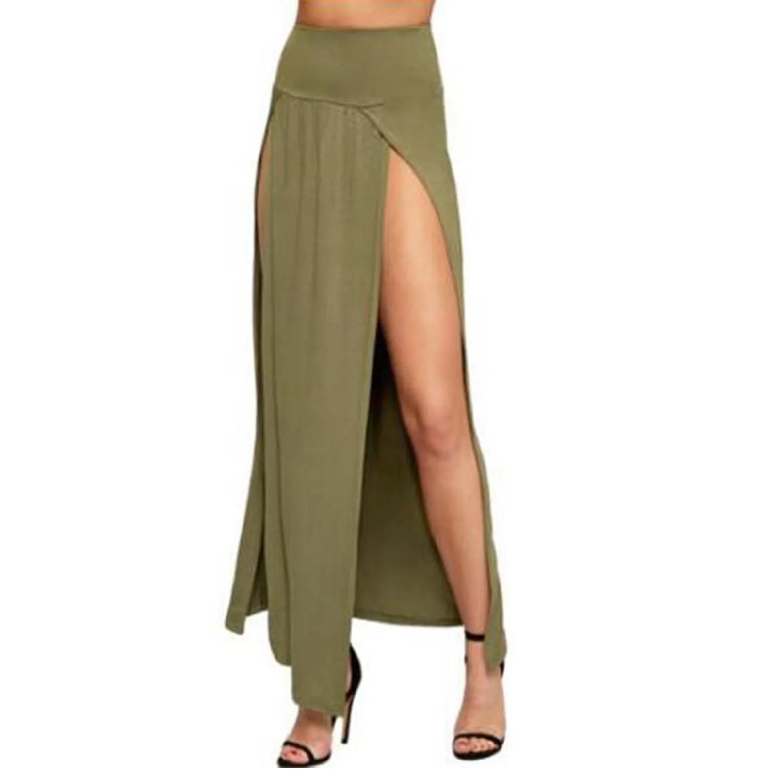 Sexy High Split Long Skirts For Women Summer Casual Two Side Slit Beach Skirt Solid Color High Waist A-Line Skirts Faldas