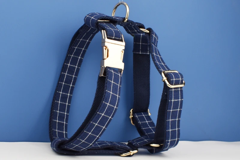 Dark Blue Check Dog Collar Leashes Harness Bow Set Grid 02