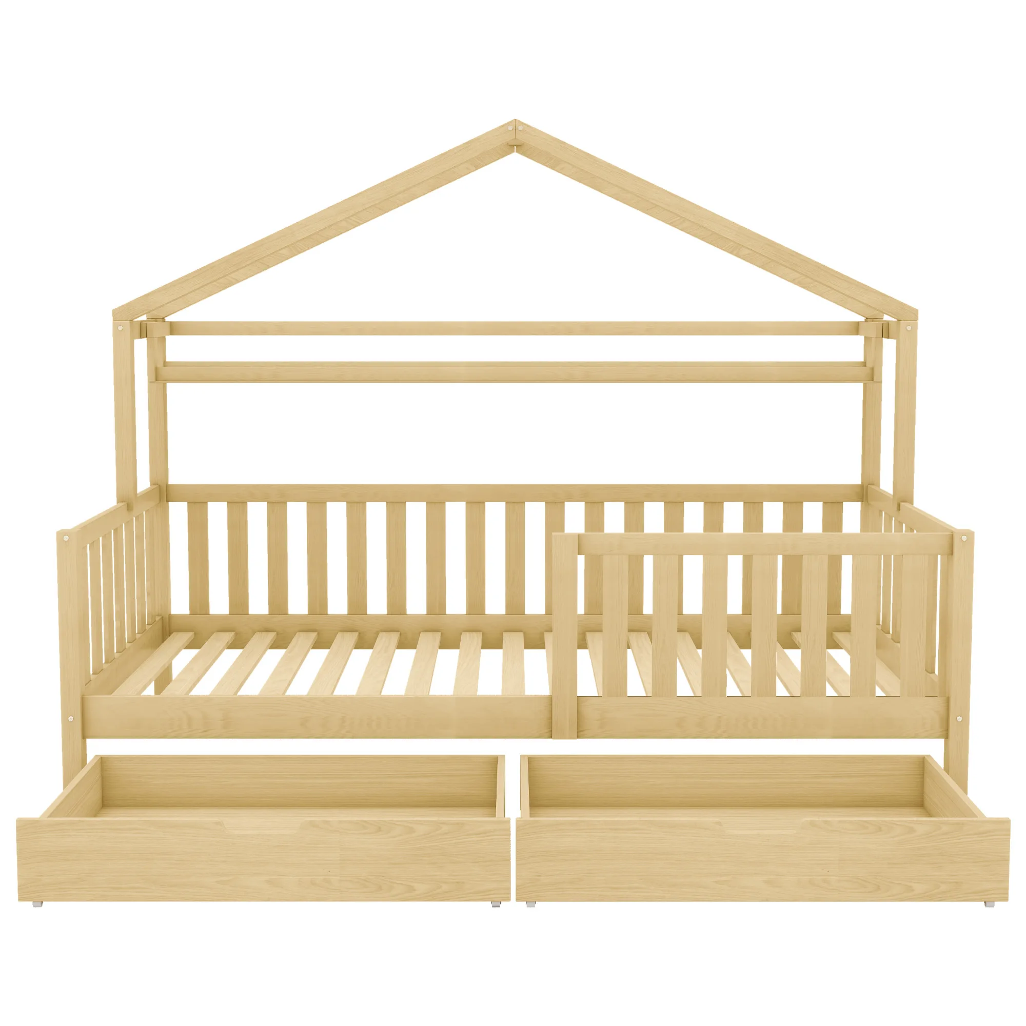 Casa de madera de Burlywood europea para niños y jóvenes, cama con dos cajones grandes de almacenamiento, madera maciza con marco de listones y