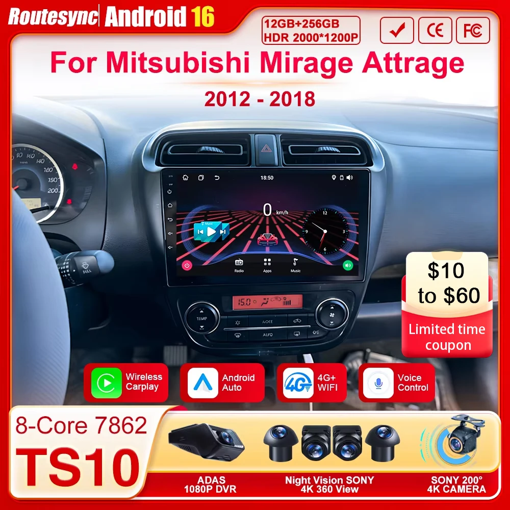 

Автомобильный радиоприемник для Mitsubishi Mirage Attrage 2012-2018 Carplay Динамики Android 16 Стерео головное устройство GPS-навигация BT