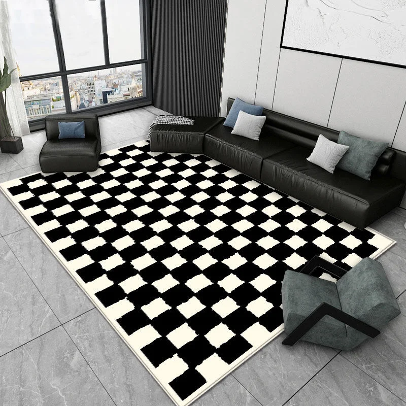 VIKAMA Medieval Abstract Block Area Carpet Black Milk White Geometric Splicing Floor Mat Anti Slip Water Absorbing