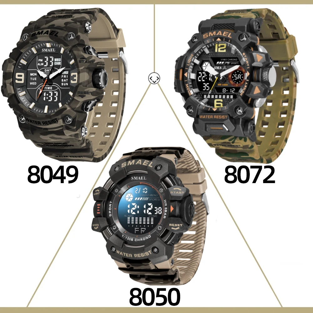 SMAEL Camouflage Style Watch for Young Men Outdoor Sports Fashion Student Waterproof Digital Wristwatch with Backlight Stopwatch