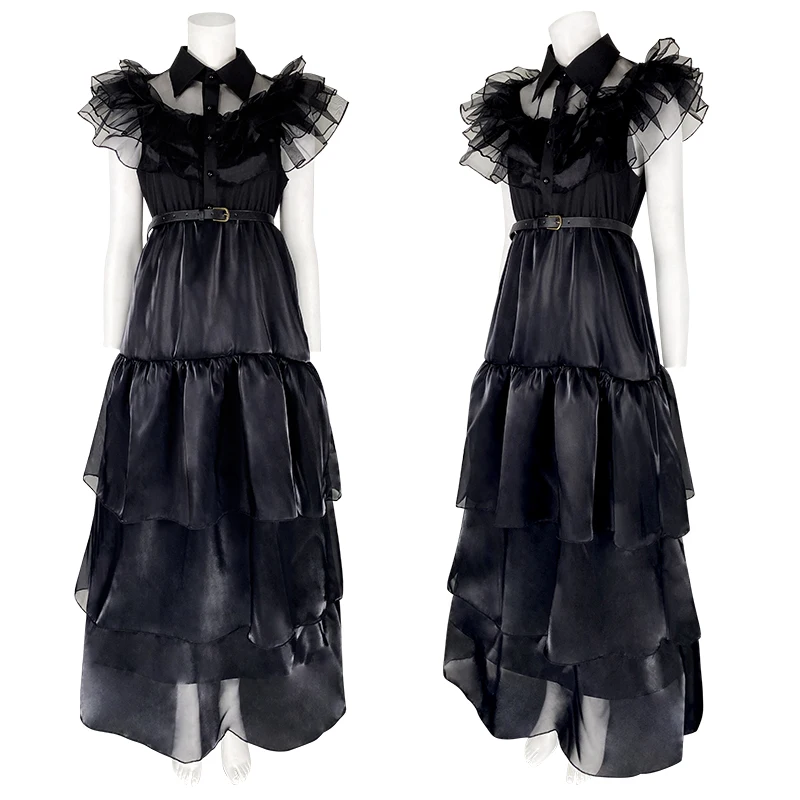 Woensdag Addams Cosplay Kostuum Zwarte Volledige Set Korte Mouwen Ball Jurk Outfits Voor Vrouwen Kids Halloween Avond Party Rollenspel