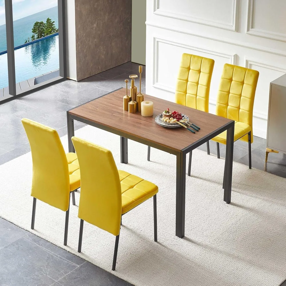 5-Piece Dining Table Set, 47 in Modern Rectangle Walnut Faux Wood Grain Kitchen Table & 4 High Back Yellow Velvet Upholstery
