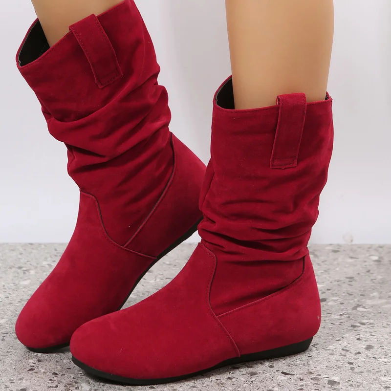 Women Flat Mid-calf Suede Ankle Boots Platform West Cowboy Shoes Round Toe Boot 2024 Autumn Designer Ladies Suede Botas De Mujer