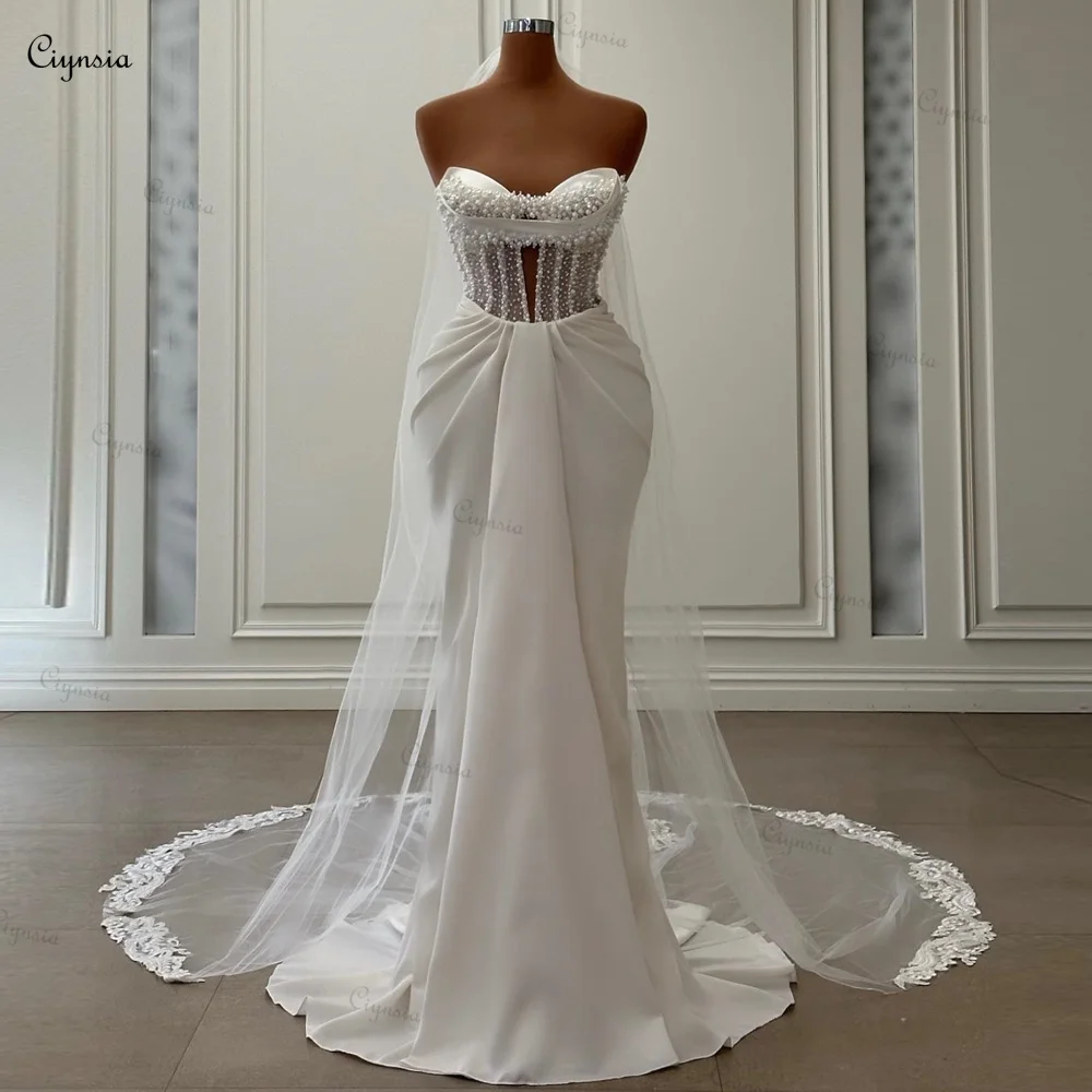 Ciynsia-Vestidos De Novia De sirena blancos, elegantes vestidos De Novia con perlas De lujo, vestido De Novia con velos 2024