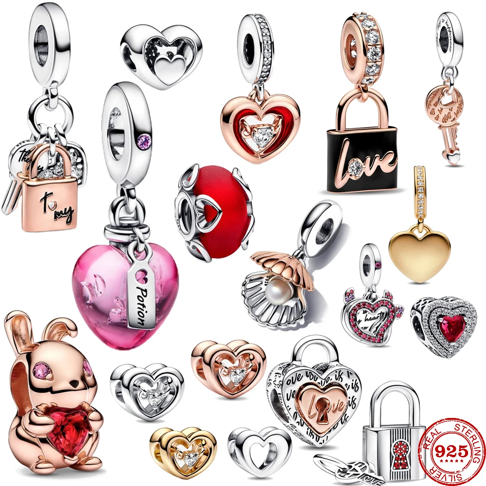 2023 New in my order 925 Sterling Silver Frosted Red Murano Glass & Hearts Lock Charm Bead Fit Original Pendant Bracelet Trinket