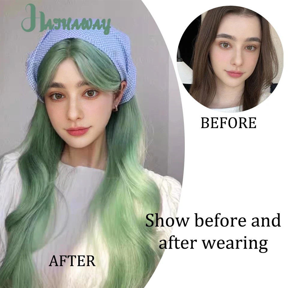 باروكات صناعية مموجة باللون الأخضر الطويل مع غرة للنساء، باروكات مموجة للجسم، للاستخدام اليومي الطبيعي، مقاومة للحرارة #3