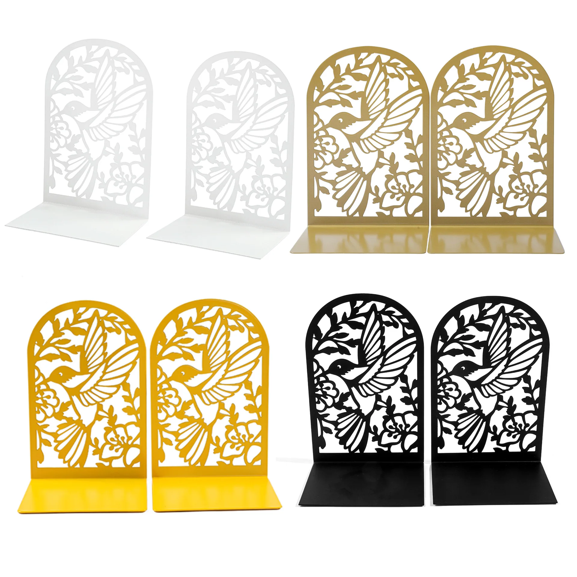 3 pairs Creative black metal book stand - arched with animal and floral outlines hummingbird, sturdy desktop organizer.