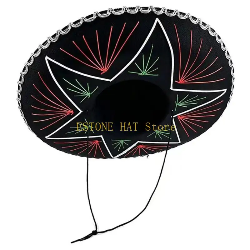 49MF Black Embroidered Sombrero Hat for Adults and Kids, Party Costume Accessory with Silver Trim for Stage Shows