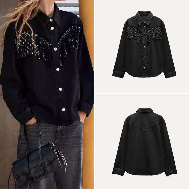 

Женские джинсы Spring 2025 Jaet Long Sve Джинсовое верхнее пальто с заклепками и бахромой Street Sle Полиэфирное волокно 00% ор Верхняя одежда