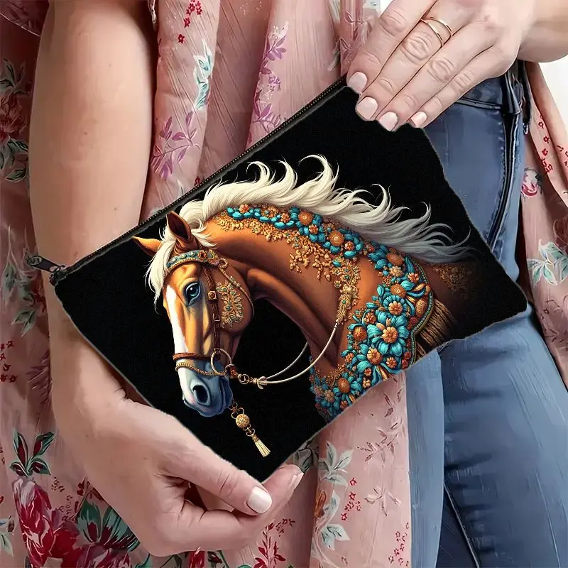 1pc Ornate Decor Horse Print Makeup Bag, perfect for storing cosmetics, stationery, cables, snacks, toiletries, and essentials.