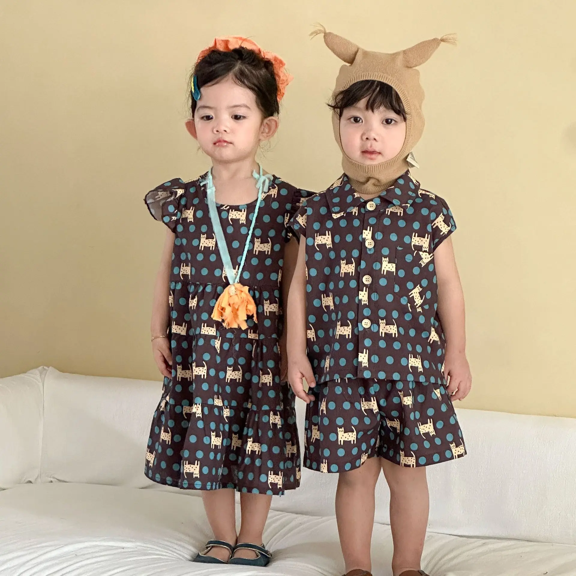 

2026 Summer 1T-8T Childrens Sets Blue Dotted Girls Dress Boys Cartoon-patterned Shirt Set Brother-sister Costume