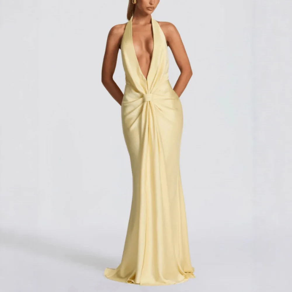 New European and American women's clothing, sexy and elegant neck deep V slim dress, floor mopping evening dress, long dress for