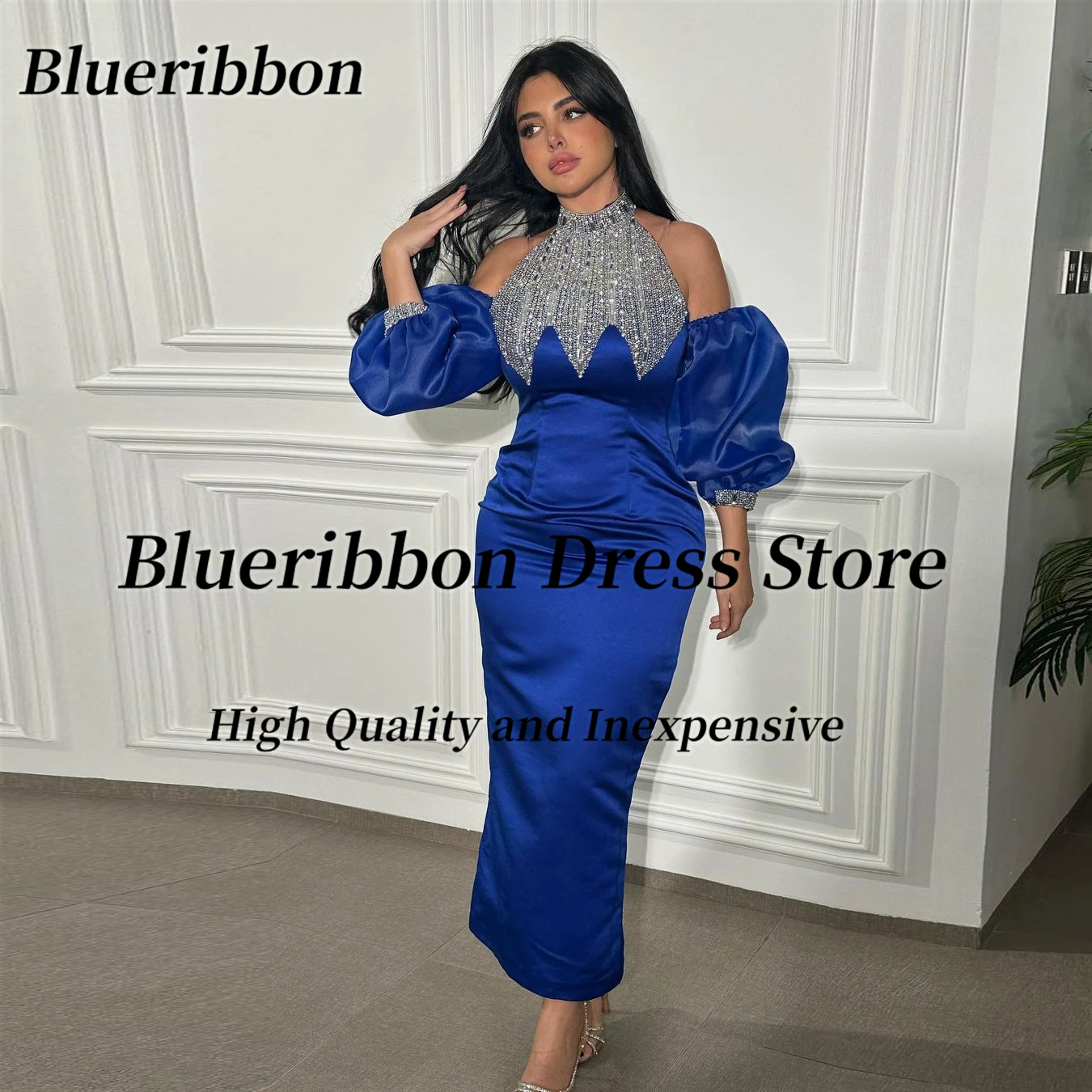 Blueribbon Royal Blue Ankle Length Prom Dresses Beading Halter Neck Robe Des Marrige Women Wear Birthday Party Evening Dress