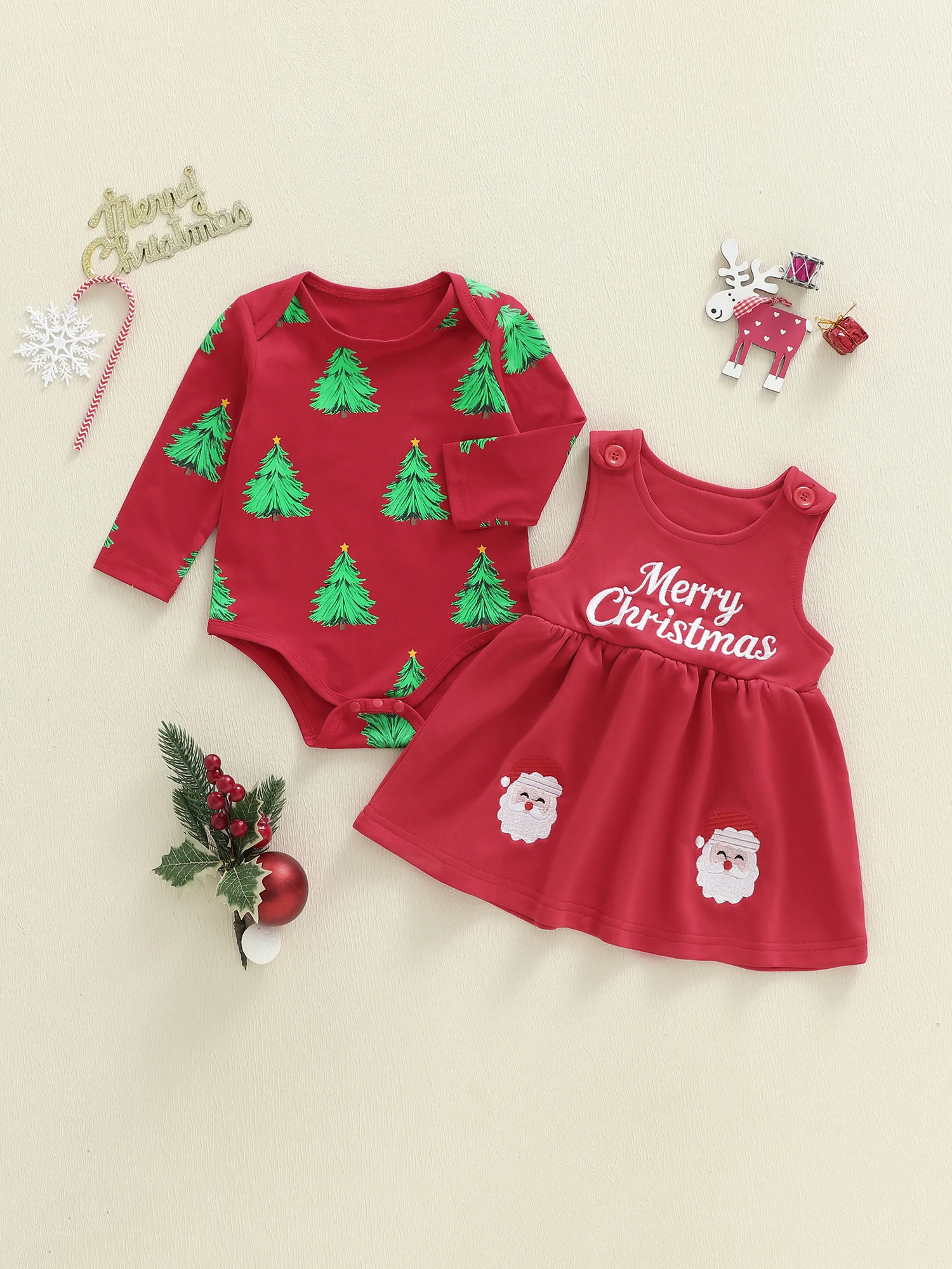 

Toddler Christmas Dress Set with Reindeer Print Long Sleeves Bodysuit and Green Suspender Skirt for Baby Girl