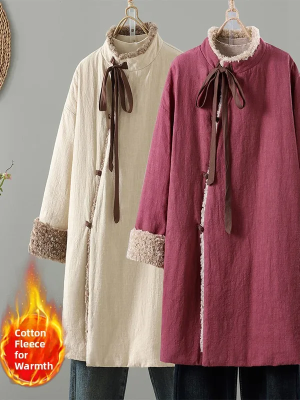 

New Chinese Sle Cotton Linen Furry Patchwork Jaet Warm Cotton Clothes Medium Length Long Sve Cotton Top for Women