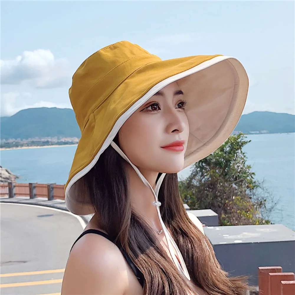 

Broad-edged Double-sided Wear Fisherman's Hat Versatile Foldable Bucket Hat Soft Removable Windproof Rope Women Sun Hat Vacation