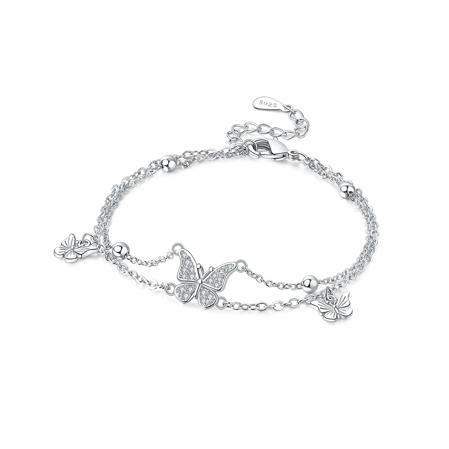 CYCUFF Neues 925er Sterlingsilber Schmetterling Doppelschicht-Armband mit Kettengliedern für Damen – Trendiges Schmuckstück für Partys und Jubiläen