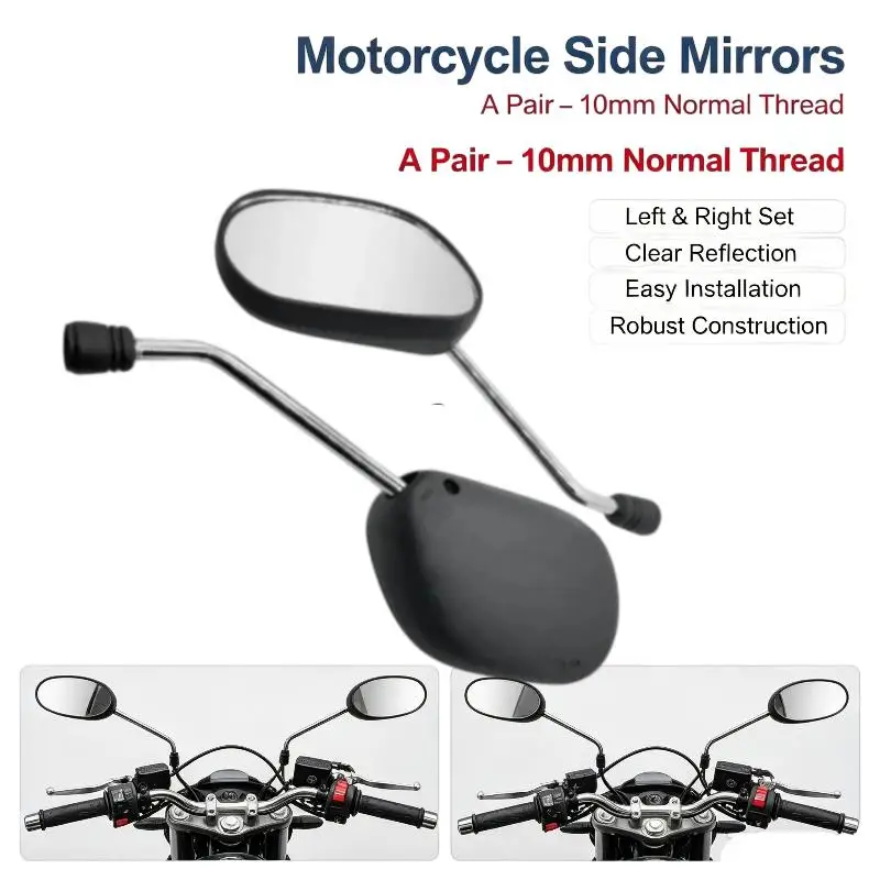 2PCS Universal 10mm Thread Oval Rearview Mirror Black Side Mirror For 125 Motorcycle Scooter Electric Bike Replacement