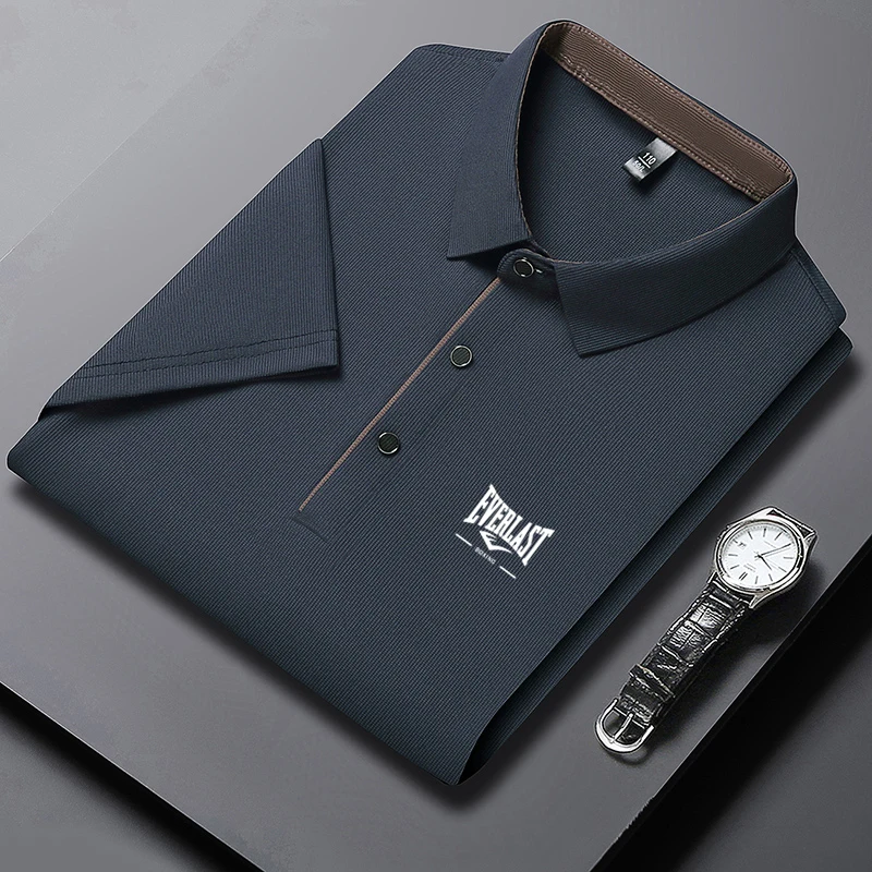

Men's new summer short-sleeved plain-color polo shirt, featuring collar buttons for business and casual wear.
