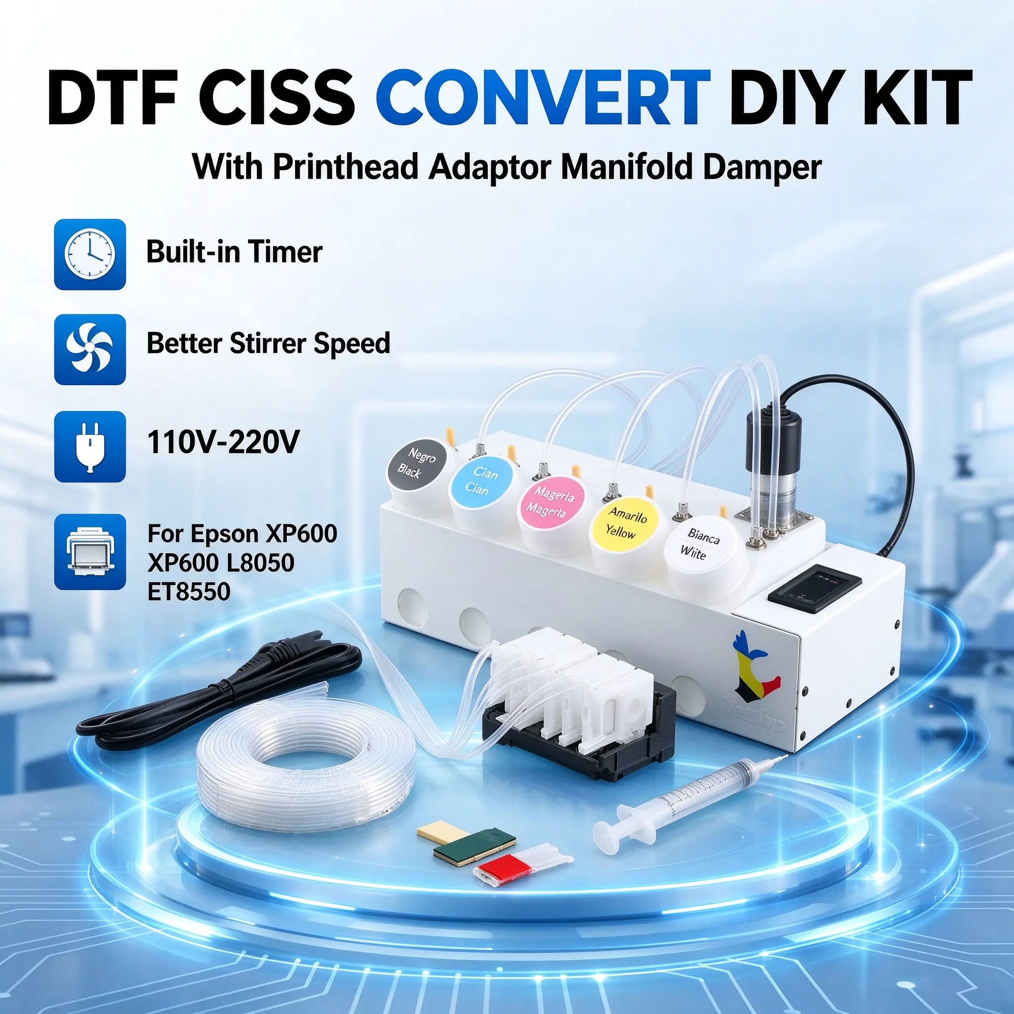 ET8550 250ML DTF CISS Ink System With Printhead Adaptor Manifold Damper Tank Stirrer Timer For Epson L18050 L8050 18100 XP600