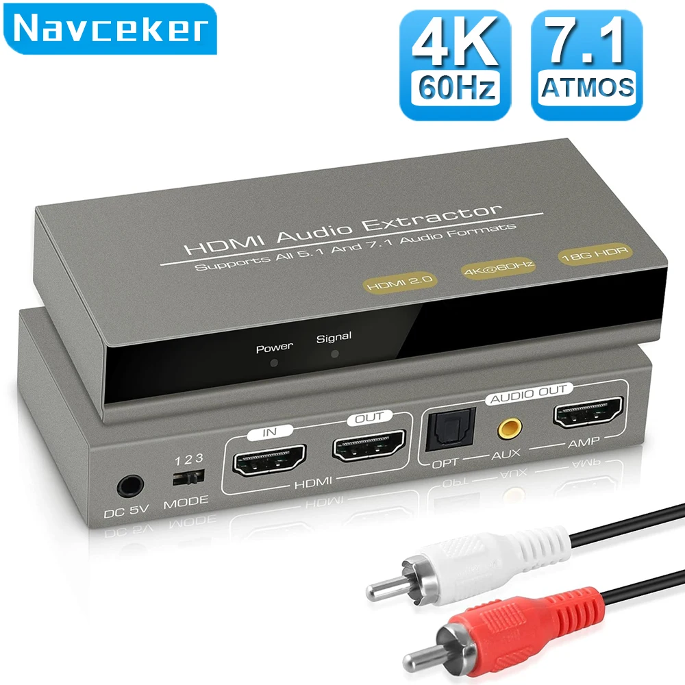 Navceker HDMI-compatible Audio Extractor 4K 60Hz HDMI to HDMI Optical TOSLINK SPDIF + 3.5mm Stereo Extractor Audio Splitter PS5