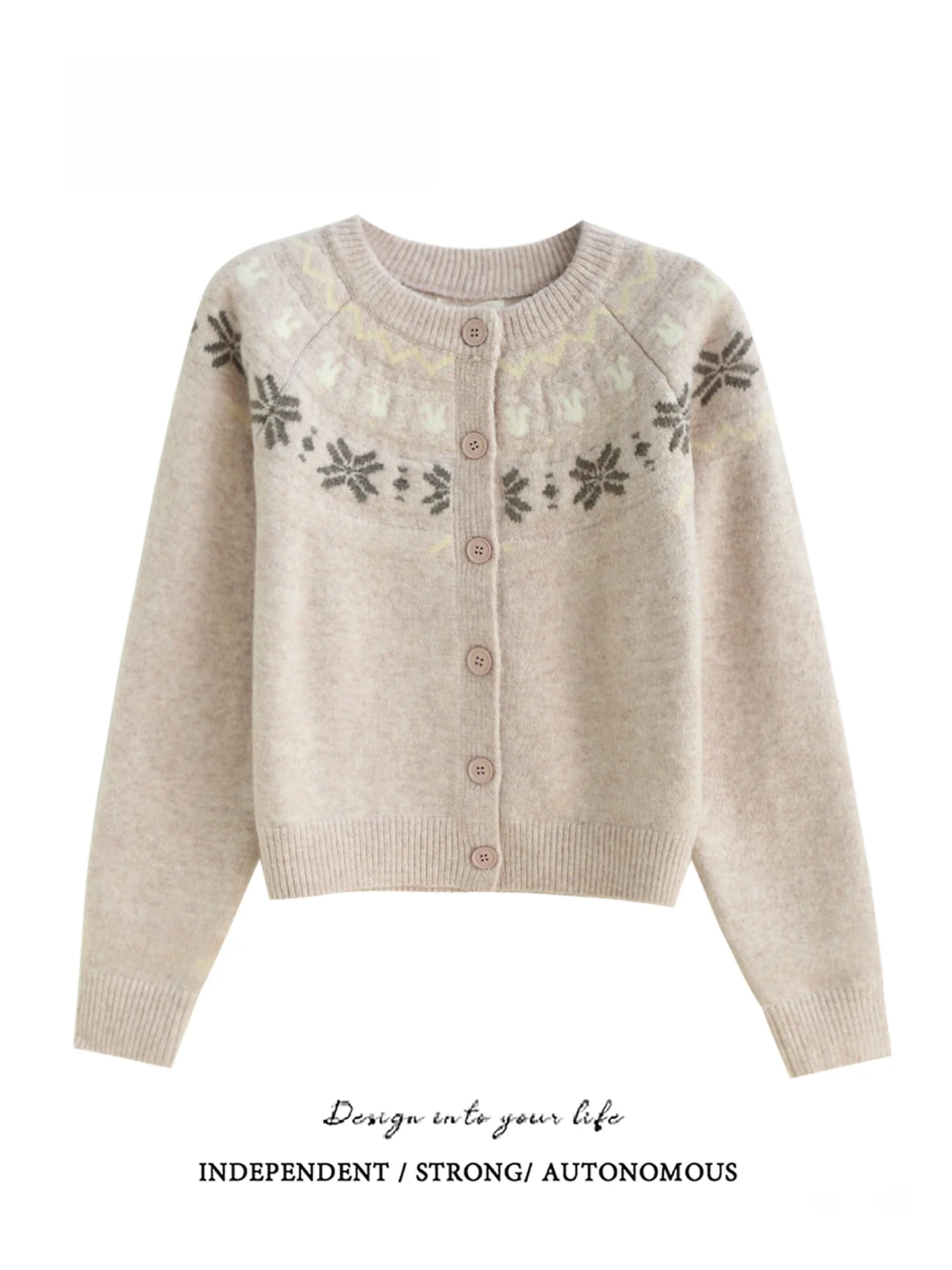 

Korean Style Fair Isle Long Sleeve round Neck Sweater Coat Winter Warm Thickened Short Length Open Cardigan Women's Fashion