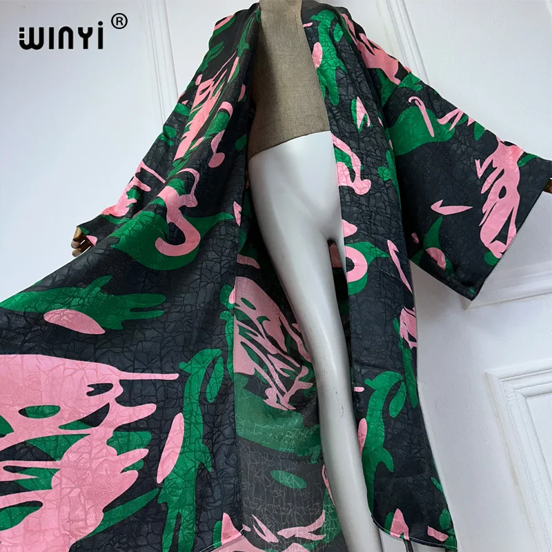 WINYI 2024 High-quality Double-sided Print Silk feel Dress Beach Wear Boho Cardigan abaya women muslim dress Long Sleeve Kimono