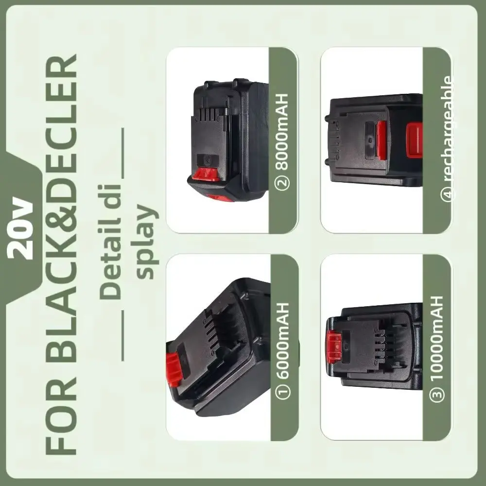 

20V Li-ion Rechargeable Battery Replacement High Capacity 6000mAh/8000mAh/10000mAh for Black&Decker LB20 LBX20 LBXR20 Power Tool