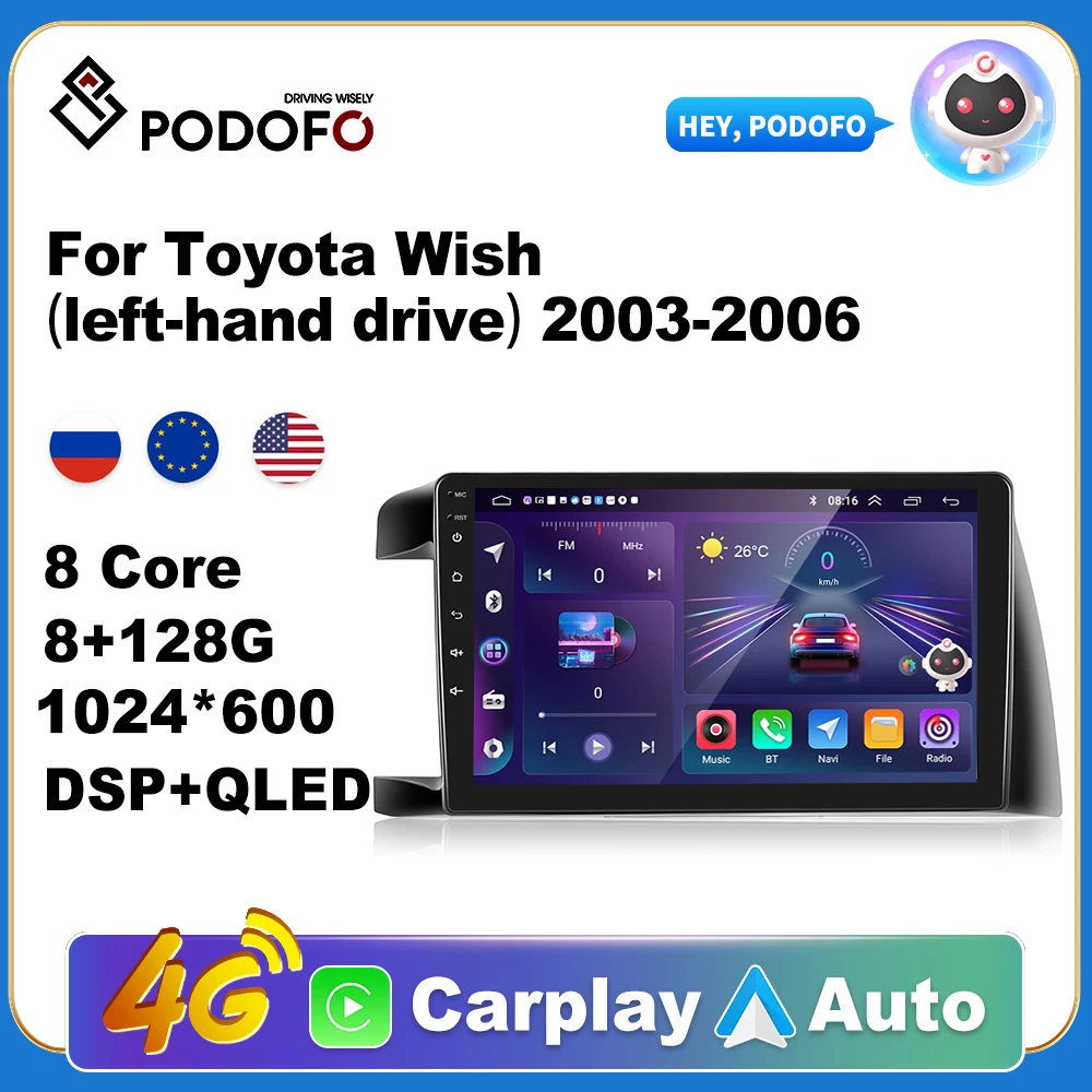 

Podofo Wireless CarPlay Andorid Auto Car Radio For Toyota Wish 2003-2006 AI Voice Multimedia GPS 2din autoradio