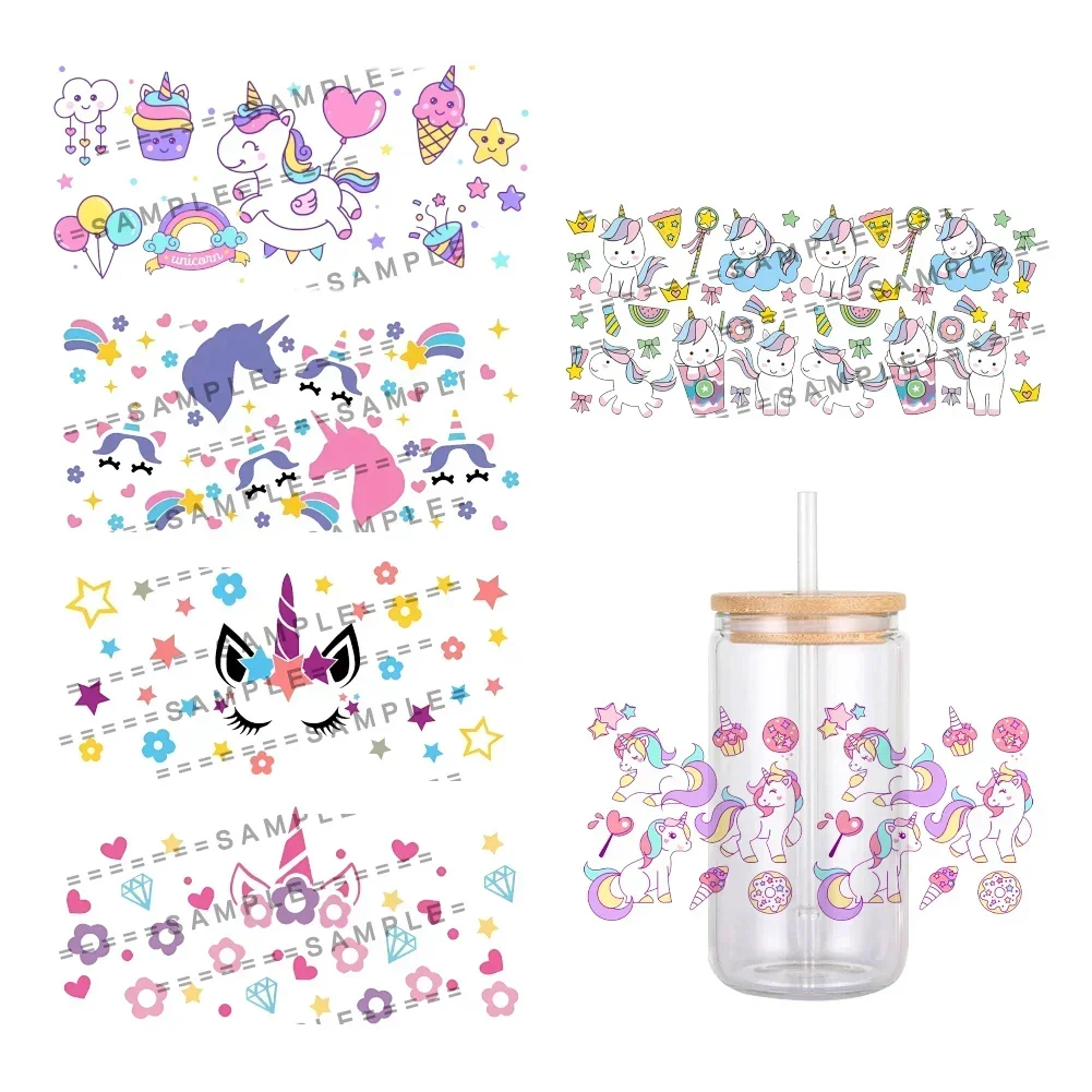 Cartoon Animals Unicorn Pattern UV DTF Transfer Sticker Waterproof Transfers Decals For 16oz Glass Cup Wrap Stickers