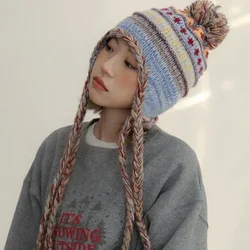 Retro Contrasting Stripes Wool Ear Protectors Beanies for Men Autumn Winter Outdoor Warmth Cute Fringed Braids Ski Hats Women