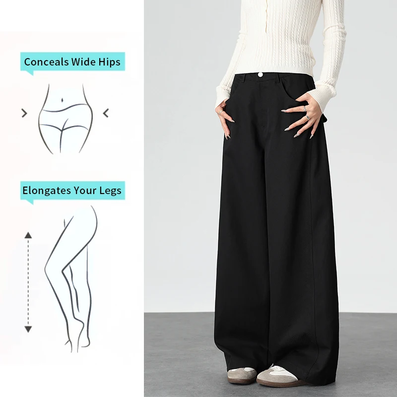 Women Black High Waisted Office Trousers Autumn Minimalist Side Panel Drape Slim Wide Leg Pants Dress Straight Leg Trousers