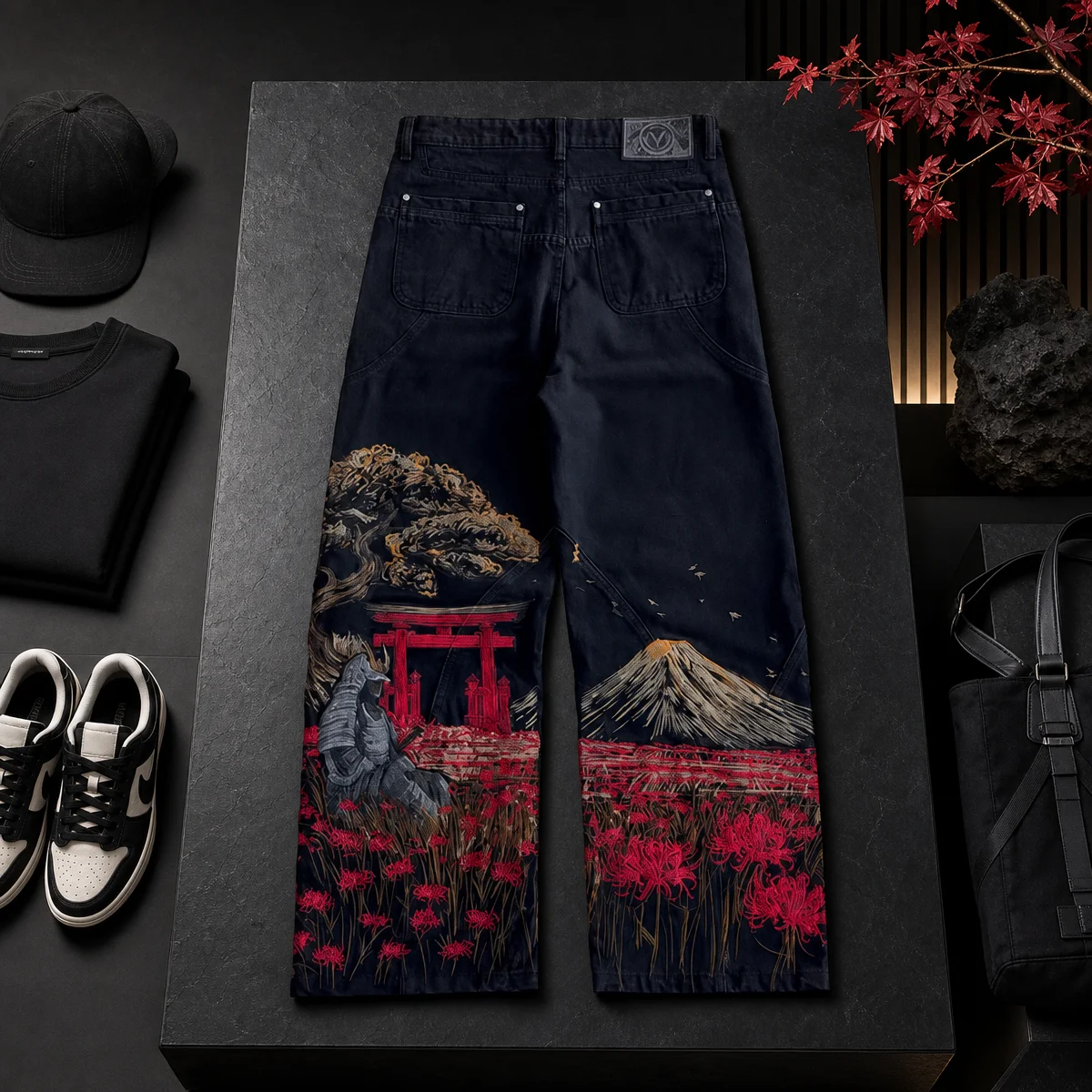 Samurai Embroidery High Waist Denim Jeans Men