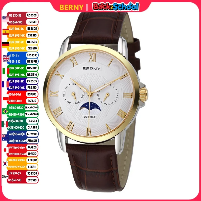 BERNY Uhren für Herren, Mondphase, Quarz, Herrenuhr, Kalender, Datum, Woche, Business, Kleid, Armbanduhr, Saphir, wasserdicht, Edelstahl