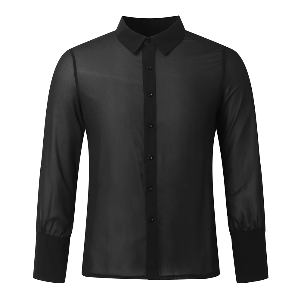 Mens Y2k Thin Sexy See-Through Long-Sleeved Shirt 2024 Summer New Fashion Nightclub Home Breathable Personalized Top For Men