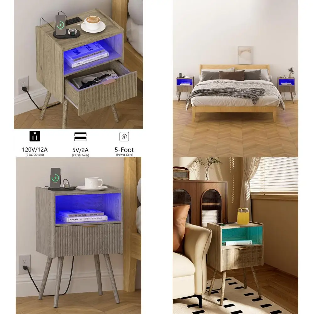 

Современная прикроватная тумбочка с зарядной станцией, светодиодной подсветкой, выдвижным ящиком, открытой полкой и ножками из массива дерева для гостиной, спальни, малогабаритных помещений