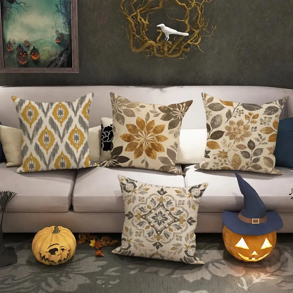 Neutral Vintage Floral Art Cushion Cover Halloween decoration trick or treat cushion cover, ghost, pumpkin head, bat decoration