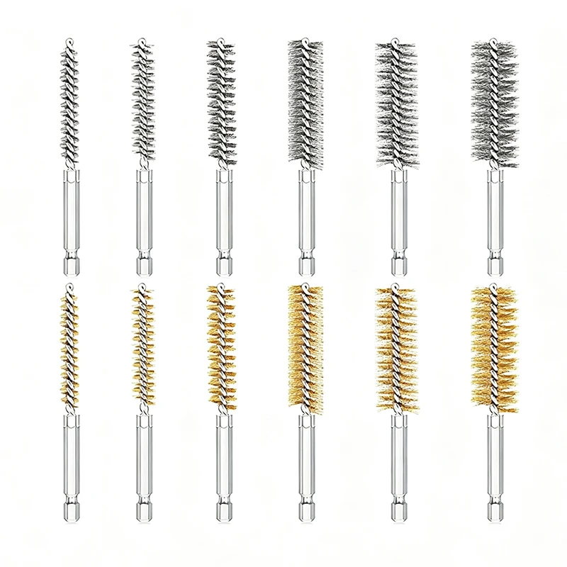 6pcs Wire Brush Set 1/4 Inch Hex Shank Steel Brass Bristles For Power Drill Rust Paint Removing Deburring Cleaning