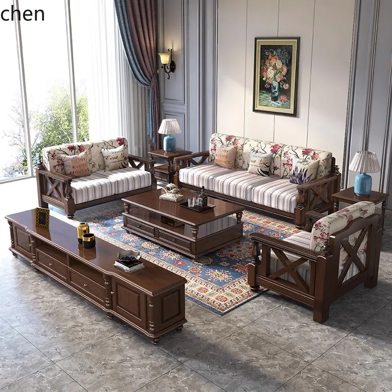 ZML Solid Wood Fabric Sofa Small Apartment Living Room Three-Seater Sofa